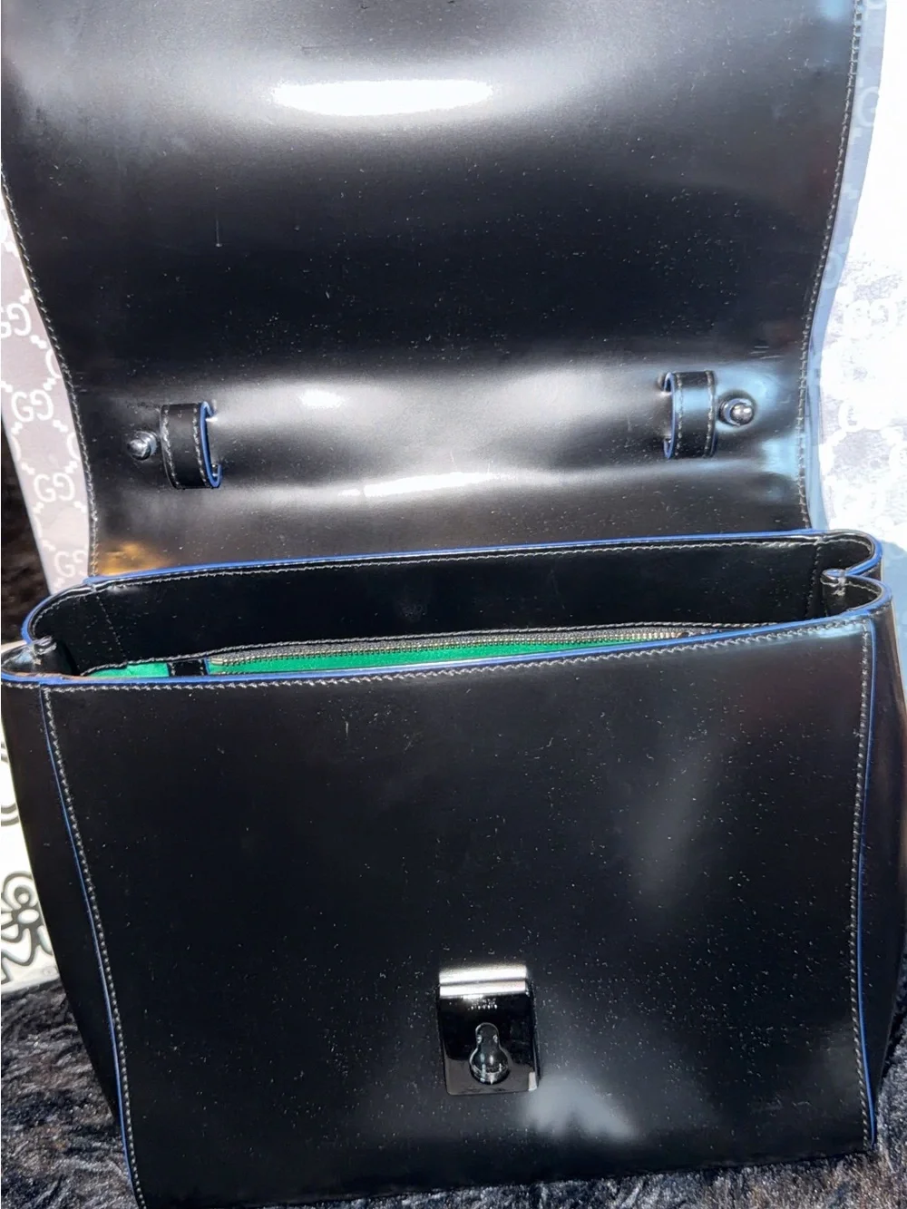 MCM Calf Skin Black Leather Top-Handle Satchel with Blue-Trim